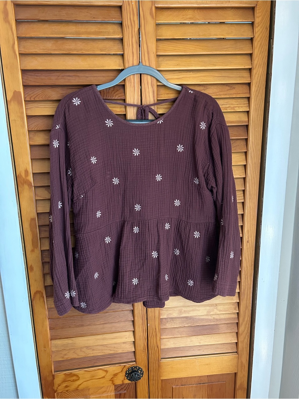 Madewell Plum Long-Sleeve Top with Light-Pink Flower Embroidery